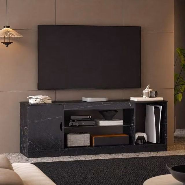 STILVORA Modern TV Stand with Cabinet and Glass Shelf in Black – 1