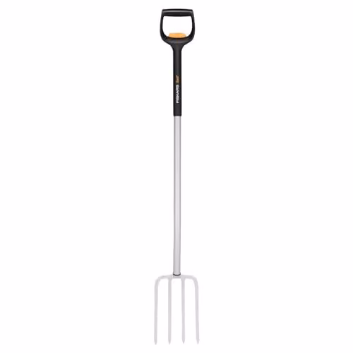 Fiskars Xact Telescopic Garden Fork in Black and Orange with Angled Steel Head