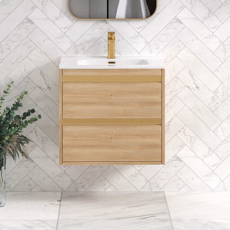 Royal Bathrooms Orion Natural Oak 2 Drawer Wall Hung Vanity Unit with Ceramic Basin
