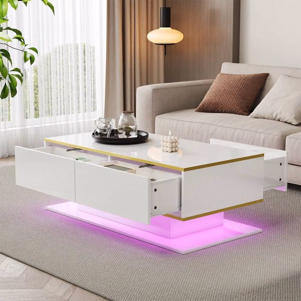 KORVIXA Modern High Gloss LED Coffee Table with Storage Drawers in White and Gold, W/D/H: 100 x 100 x 100 cm – 2