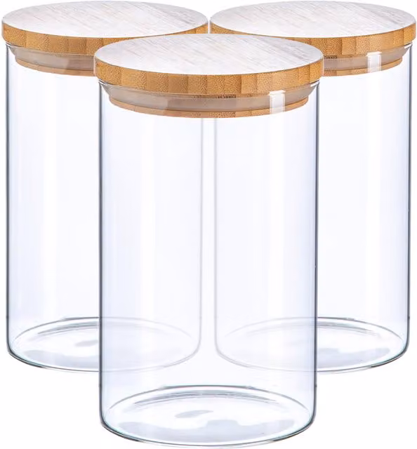 Argon Tableware Set of 3 Scandi Airtight Round Glass Storage Jars with Wooden Lids, 1 l each, Clear – 1