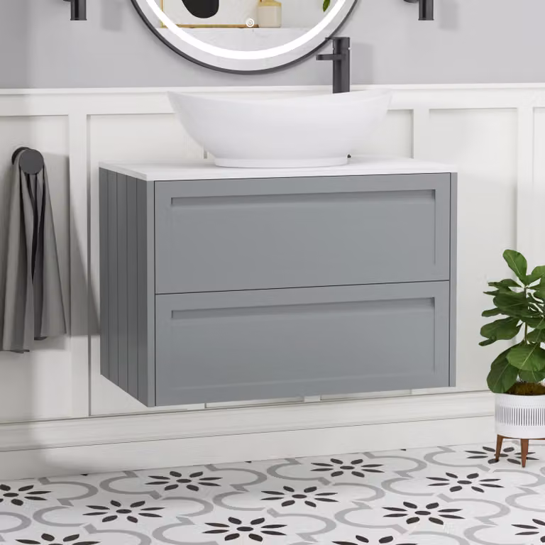 Royal Bathrooms Elmore Matt Pebble Grey Wall Hung 2 Drawer Vanity Unit with Amaze Basin, Width: 80 cm