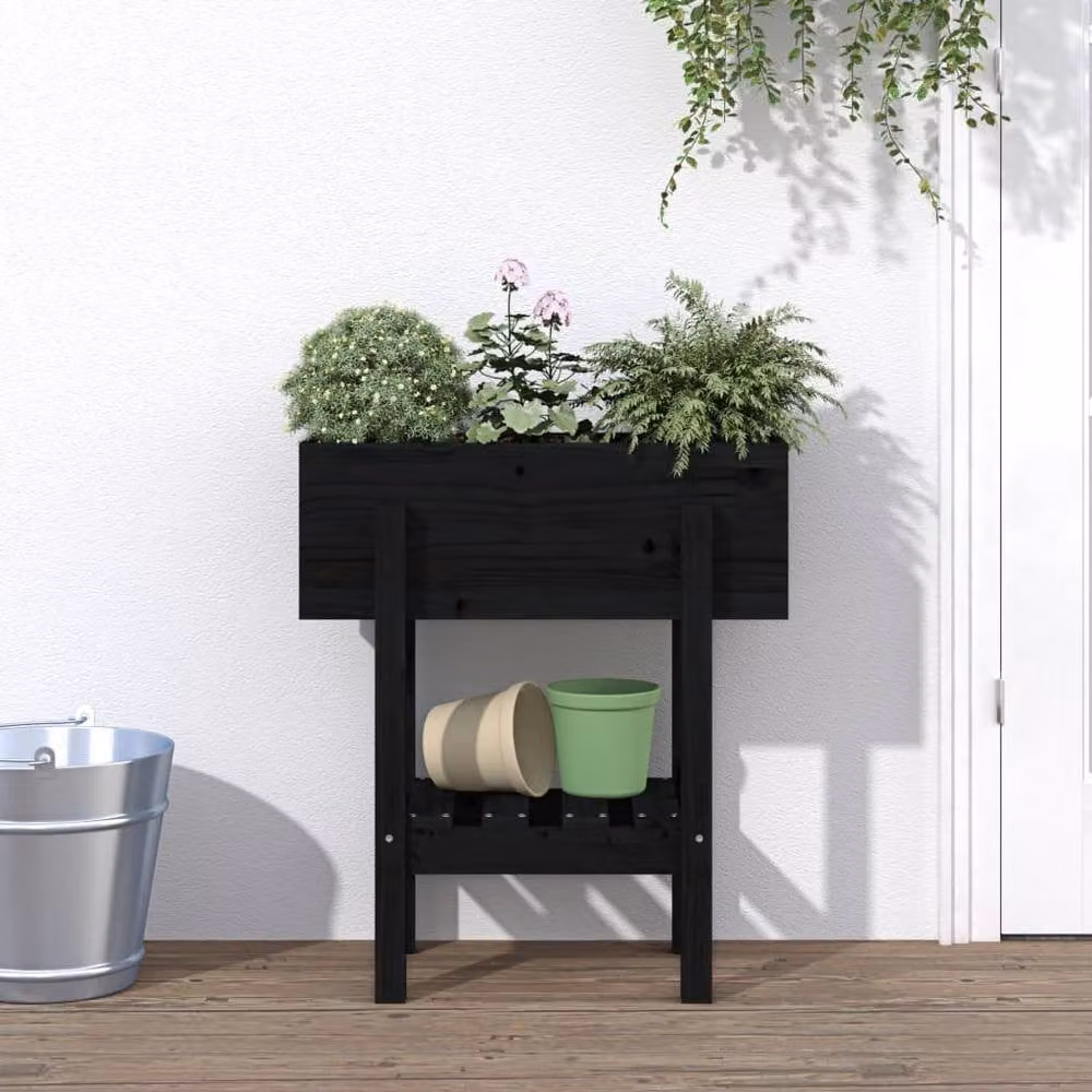 Berkfield Home Black Solid Wood Pine Garden Planter Tub W: 62 cm, D: 30 cm, H: 69 cm – 2