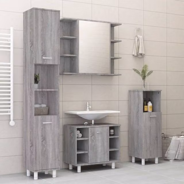 Berkfield Home 4 Piece Modern Grey Bathroom Cabinet Set with LED Lighting and Internal Shelves – 1