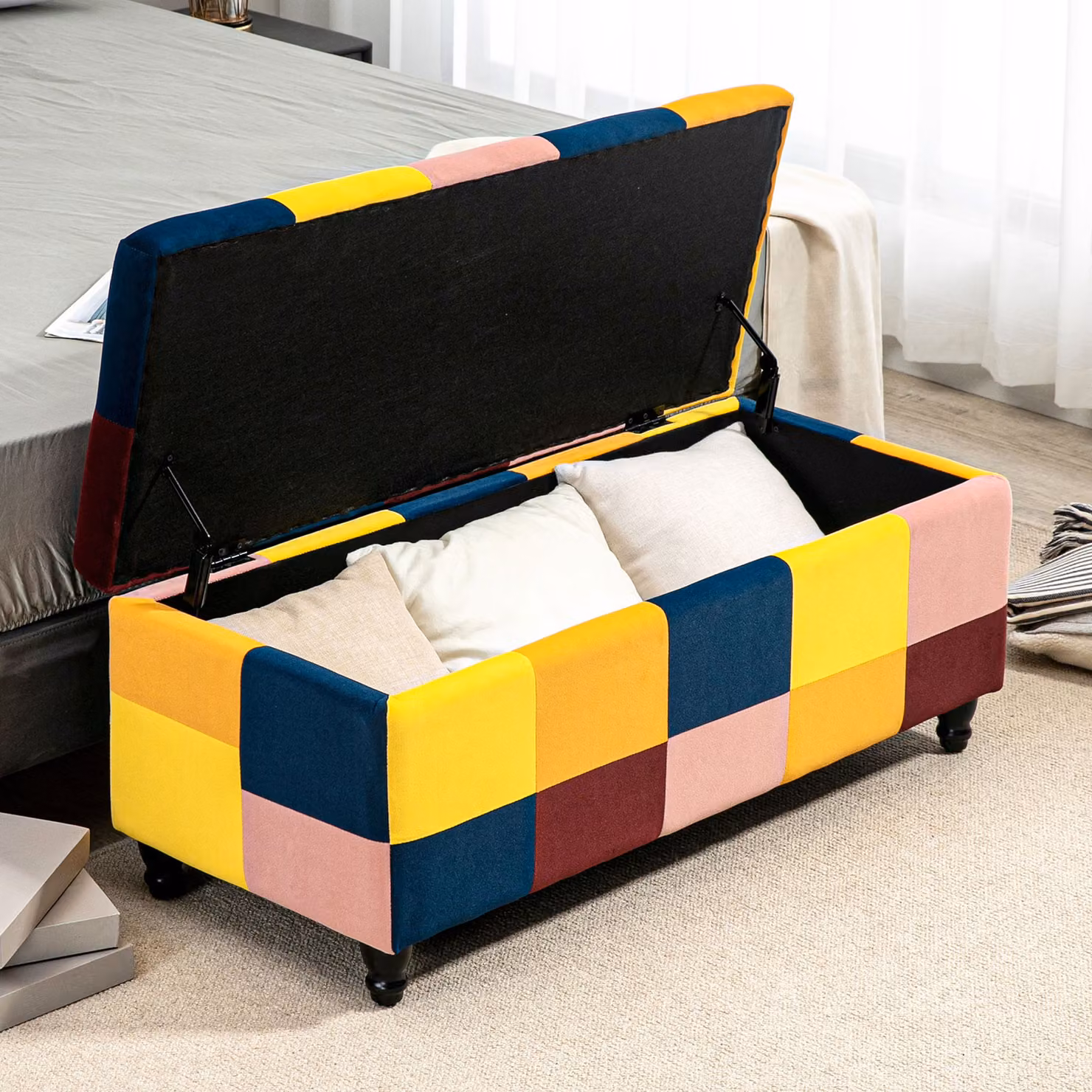 HOMCOM Multicoloured Velvet Storage Ottoman, Rectangular Button-Tufted Footstool with Lid, W/D/H: 114 x 47 x 47 cm – 8