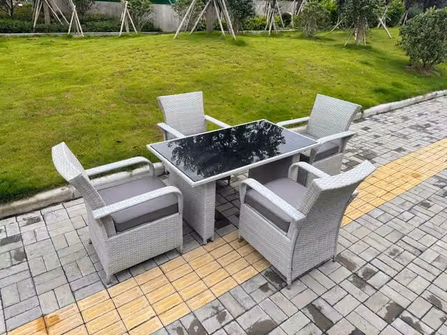 Fimous Rattan Outdoor Furniture Set with Black Tempered Glass Rectangular Table and 4 Light Grey Chairs