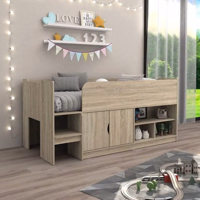 Kidsaw Single Storage Mid Sleeper Bed with Cupboard, Shelves and Stairs in Light Brown Oak