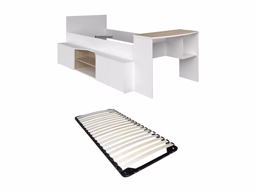 Vente-unique Single Combined Bed with Desk and Storage in White and Black, W/D/H: 90 x 200 cm – 2