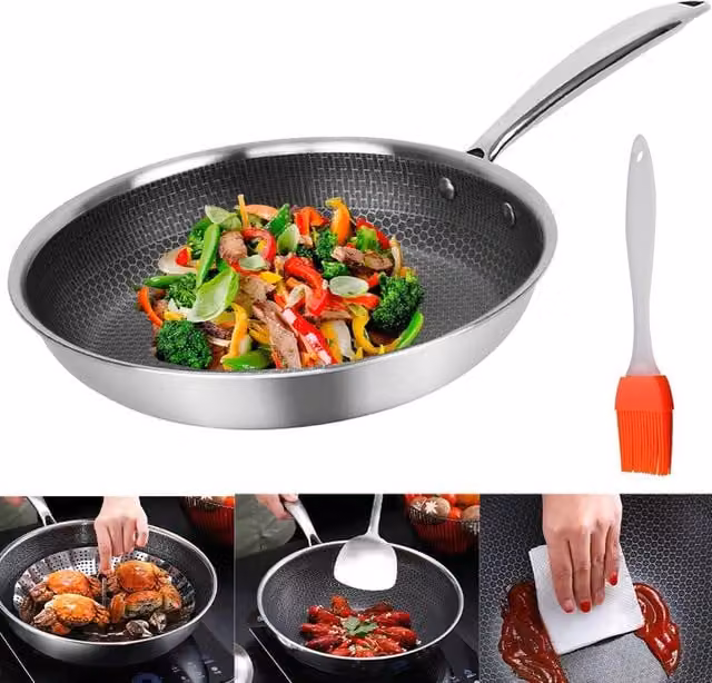 EONLION Stainless Steel Induction Geo Hex Non-Stick Frying Pan in Silver