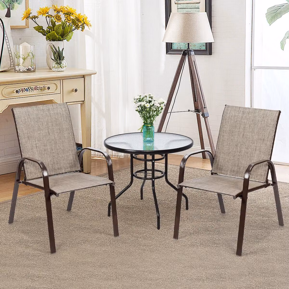 Costway Set of 2 Grey High Back Portable Patio Chairs with Armrests for Garden and Dining – 3