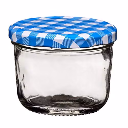 Premier Housewares Clear Glass Jar with Blue Gingham Lid, 150ml, W: 9 cm, D: 9 cm, H: 7 cm