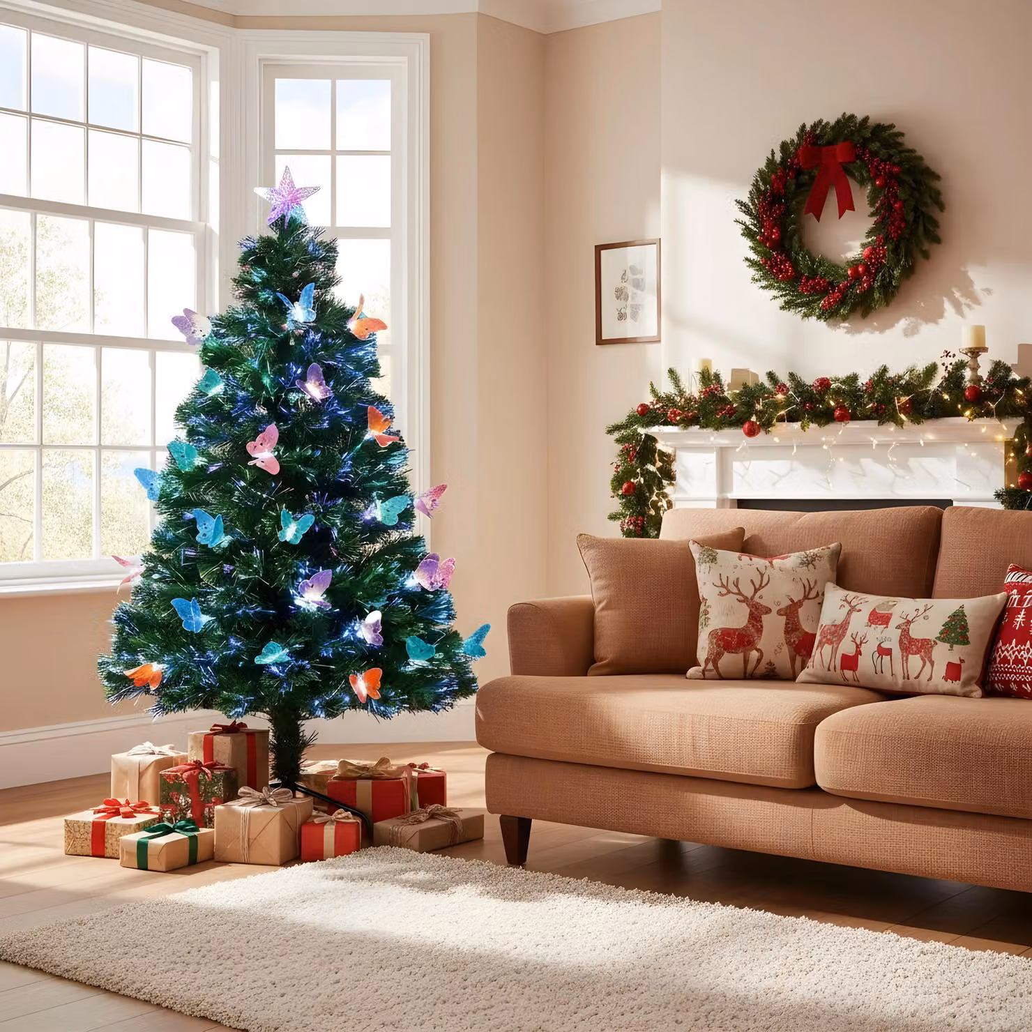 Shatchi Butterflies Fibre Optic LED Pre-Lit Christmas Tree in Green, Height: 180 cm – 5
