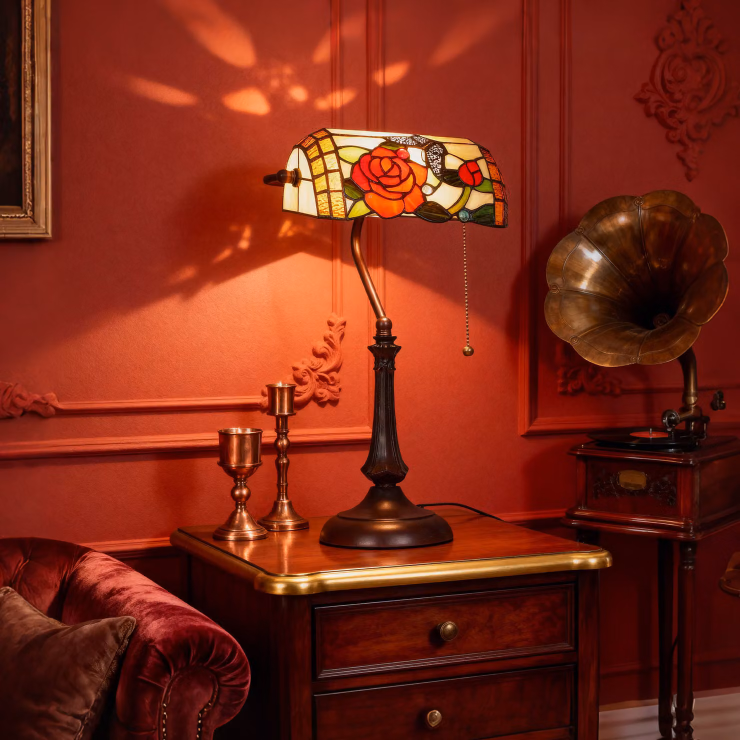 HOMCOM Tiffany-Style Multicolour Glass Table Lamp with Bronze Metal Base and Pull Chain – 8
