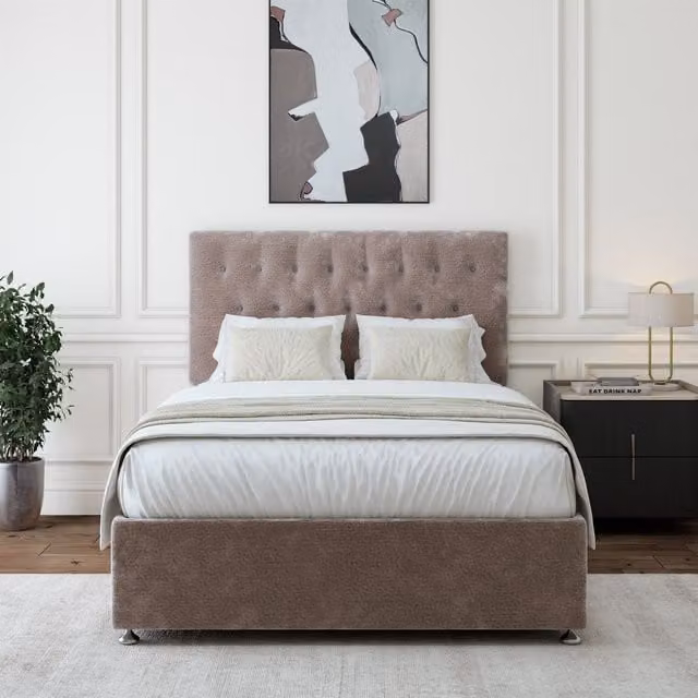 Bedmaster Silver Chenille Upholstered Divan Base with Drawers and Button Headboard, W/D/H: 200 x 200 x 38 cm