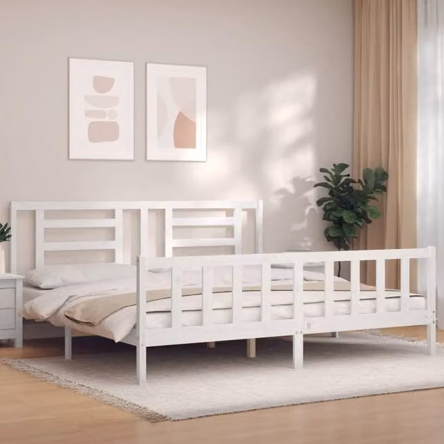 Berkfield Home Super King Size Solid Pine Bed Frame with Headboard in White – 1