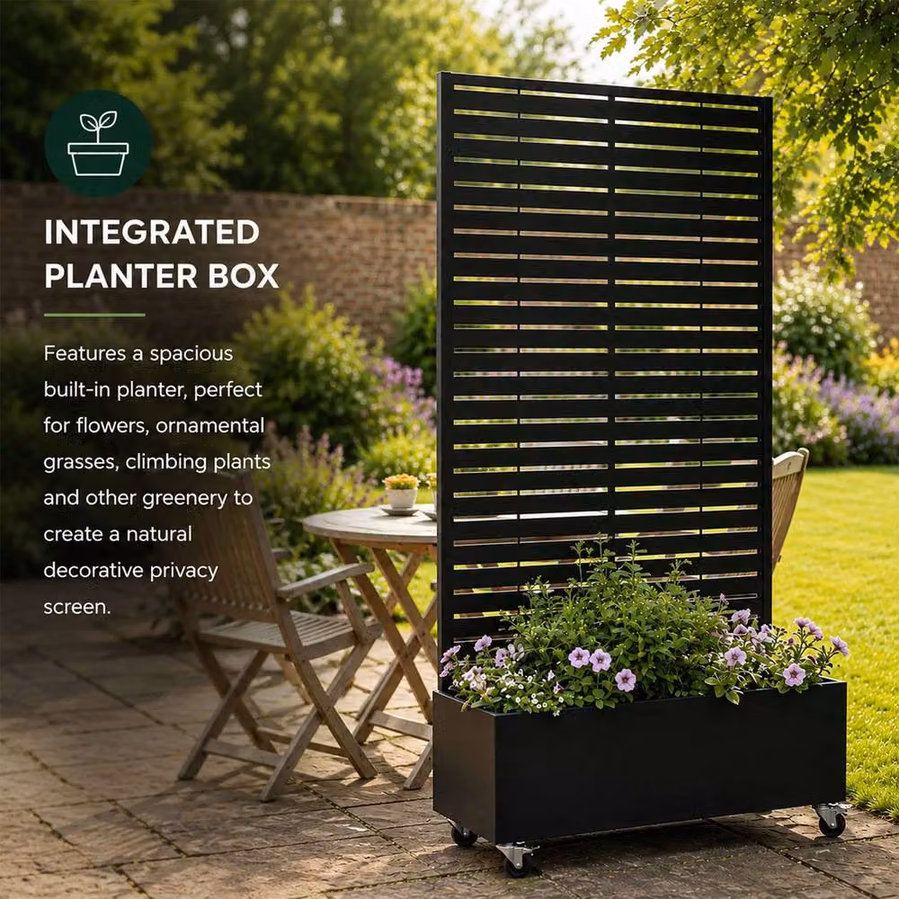 Nicoman Metal Indoor Outdoor Privacy Screen with Plant Pot, Horizontal Slats, Black, H 180 x W 90 x D 40 cm – 3