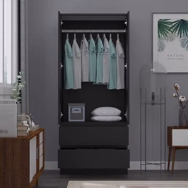 SPETLEK Modern Black Combination Wardrobe with 2 Hinged Doors and 2 Large Drawers – 1