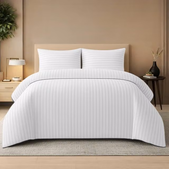 Lazzaro Home Premium Brushed Microfibre Reversible Striped Duvet Cover and Pillowcase Set, White, W/D/H: 135 x 200 cm and 90 x 190 cm