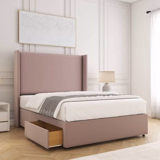 BSSPOKE Austin Double Divan Bed with 54 inch Plush Headboard and 2 Drawers in Pink