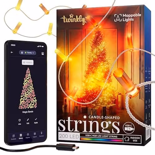 Twinkly USB-C Candle LED String Lights, 200 RGB Multicolour Mappable LEDs, 12m, Transparent Wire, Compatible with Alexa and Google Home – 1