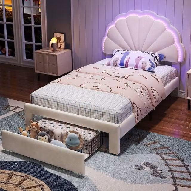 BTM Single Velvet Bed Shell Headboard with LED and Drawer in Beige – 1