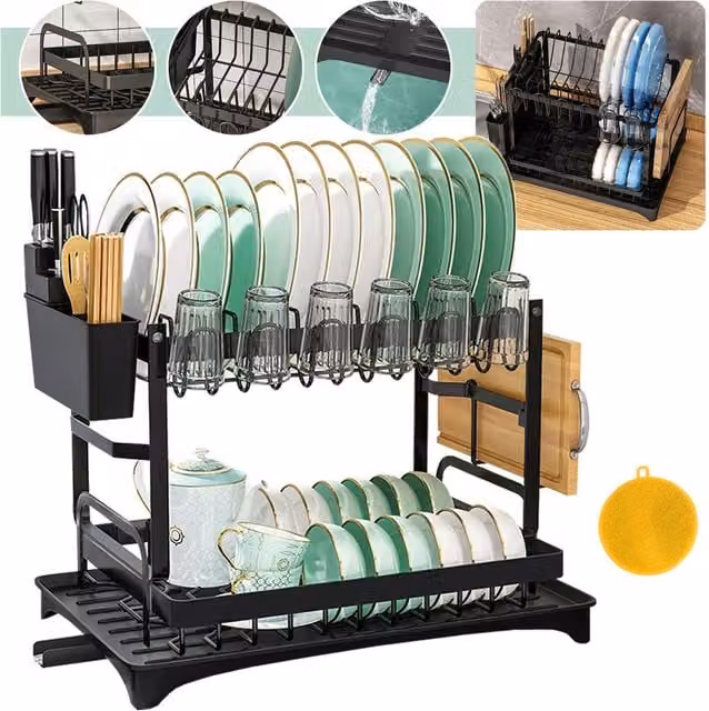 SPETLEK 2 Tier Kitchen Sink Dish Drainer Rack with Cutlery Holder, Black, W/D/H: 42 x 30 x 29 cm