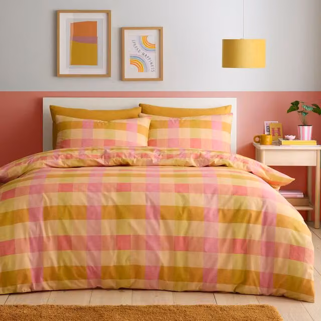 Fusion Block Check Reversible Duvet Cover Bedding Set in Orange, Pink, Gold and Multicolour
