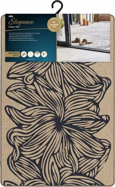 JVL Elegance Floral Machine Washable Non-Slip Doormat in Beige and Brown