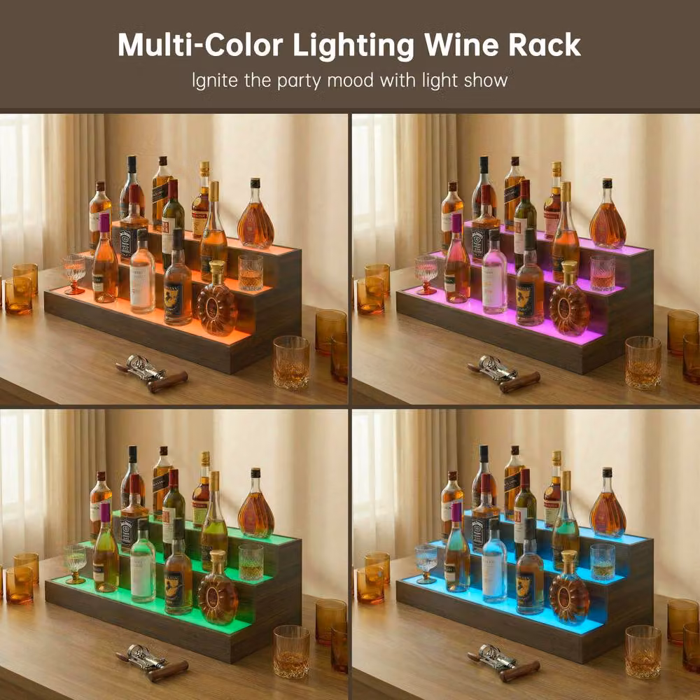 Matteo 3-Tier LED Lighted Bar Bottle Display Shelf with App and Remote Control, Brown Wood – 3