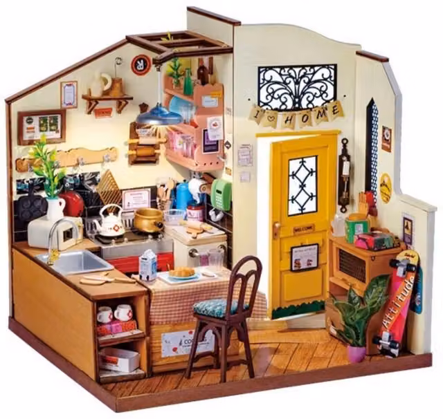 Rolife Homey Kitchen Dollhouse Building Blocks Set 3D Wooden Puzzle in Beige, Yellow and Multicolour