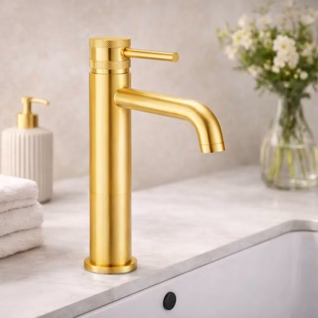 Bathroom Kingdom Venice Single Lever High Rise Basin Mixer Tap in Brushed Brass Gold