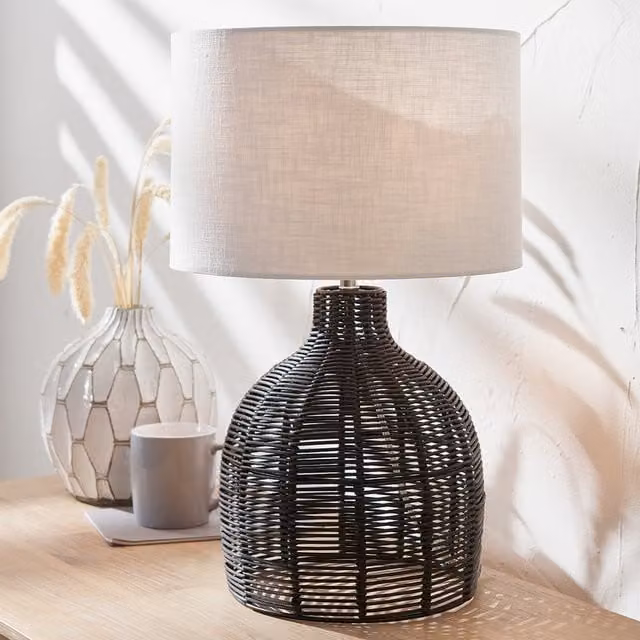 Pacific Lifestyle Black Natural Rattan Table Lamp with Fabric Dome Shade