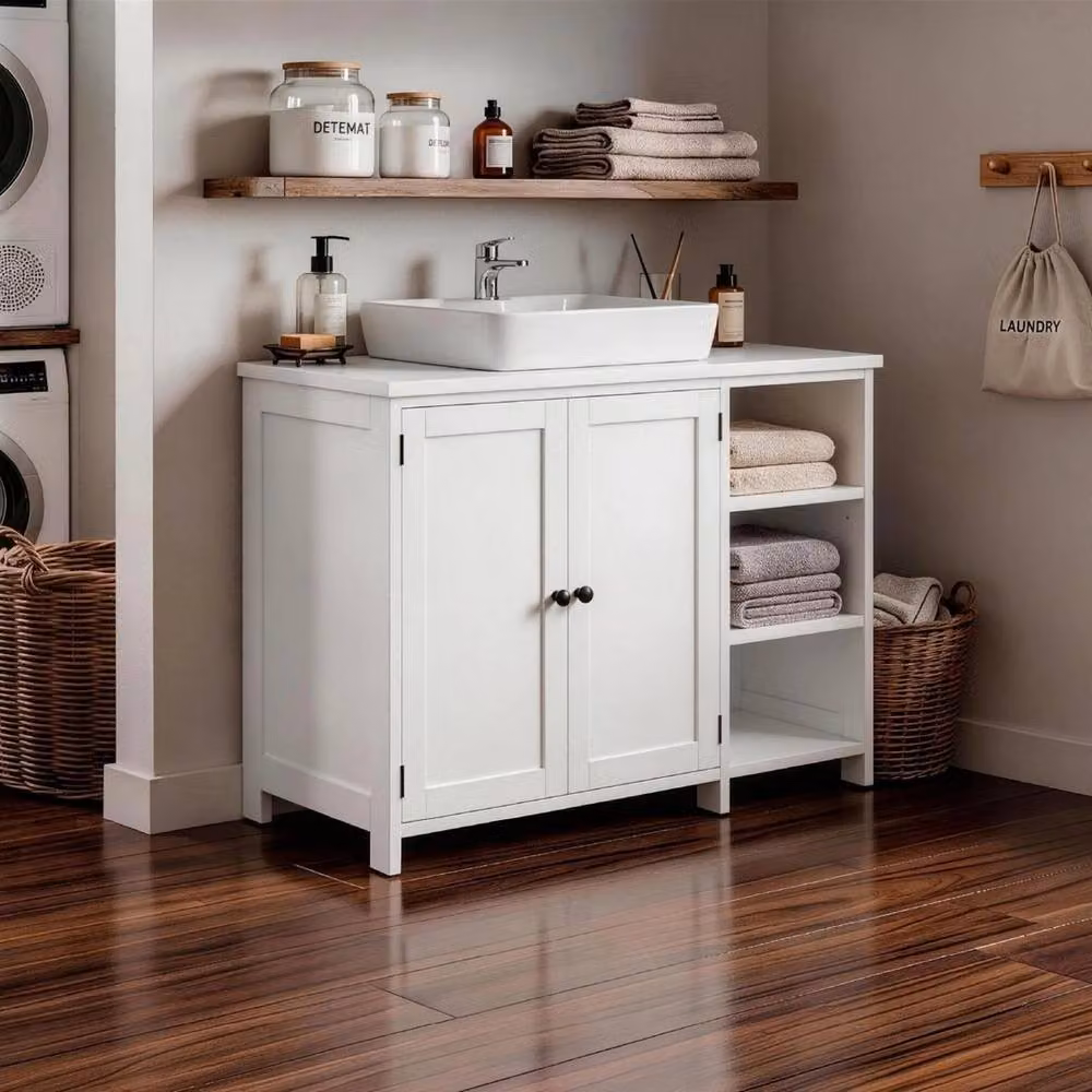 Nordara White Under Sink Bathroom Cabinet with 2 Doors and 3 Shelves, W/D/H: 90 x 30 x 60.5 cm – 4