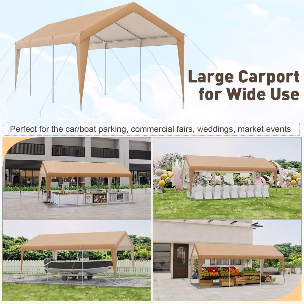 Gymax Heavy Duty Steel Carport Garage All-Weather Outdoor Shelter in Brown, W: 301.0 cm, D: 285.0 cm, H: 301.0 cm – 2