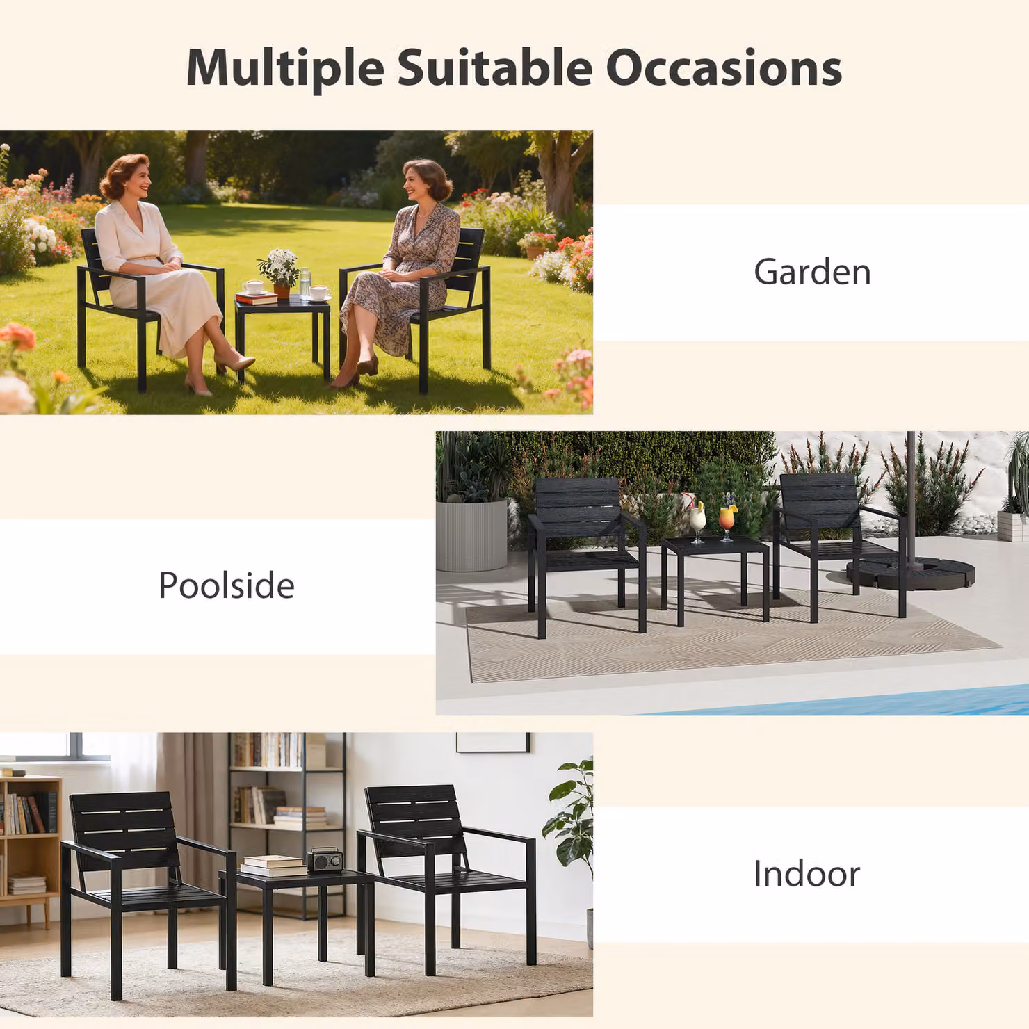 Outsunny 3 Piece Garden Bistro Set for 2, Black Modern Outdoor Patio Furniture Set with Square Metal Table and Plastic Chairs – 7