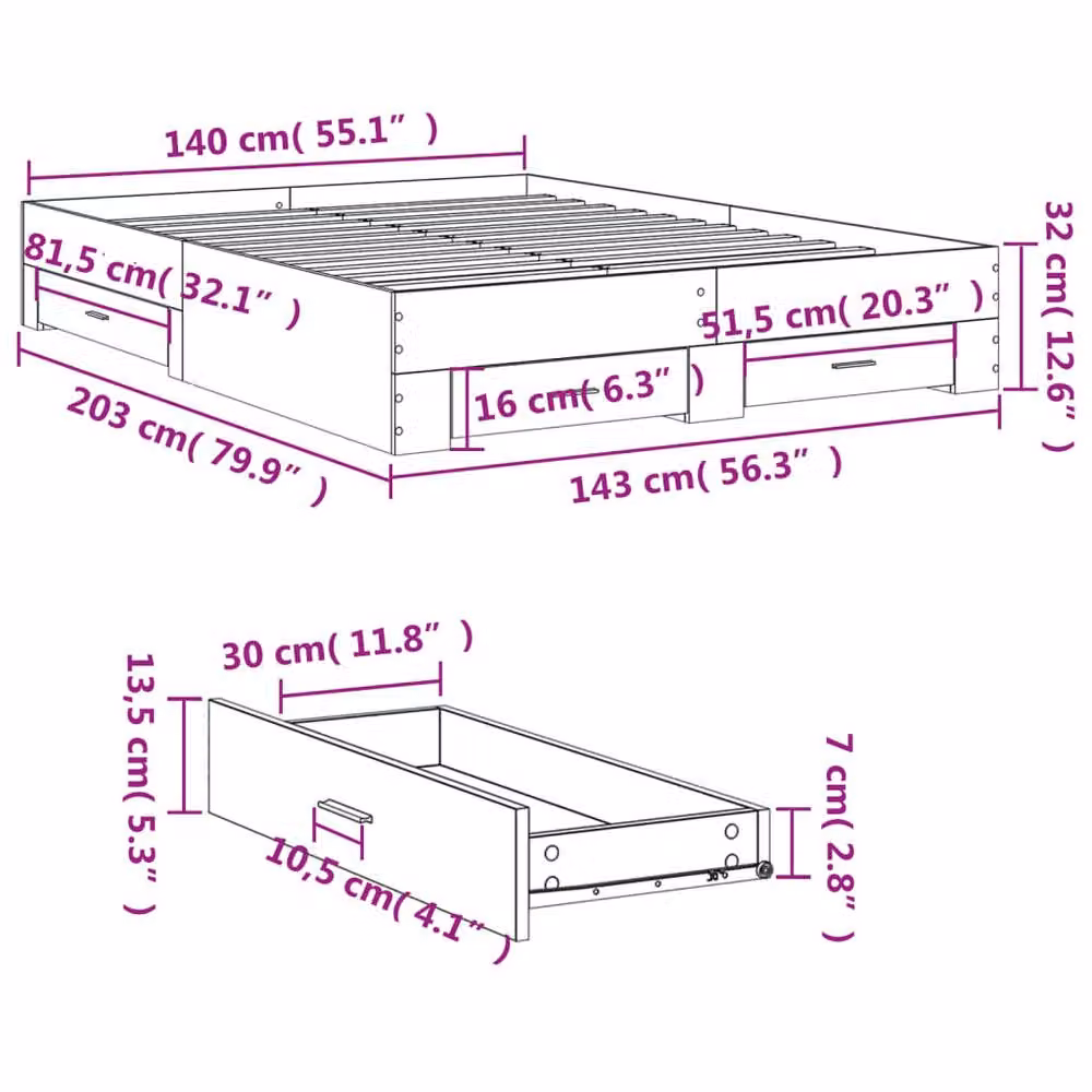 Berkfield Home Bed Frame with Drawers in Concrete Grey, W: 140 cm, L: 200 cm – 3