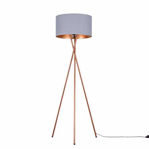 ValueLights Camden Modern Copper Metal Tripod Floor Lamp with Grey and Copper Fabric Cylinder Shade
