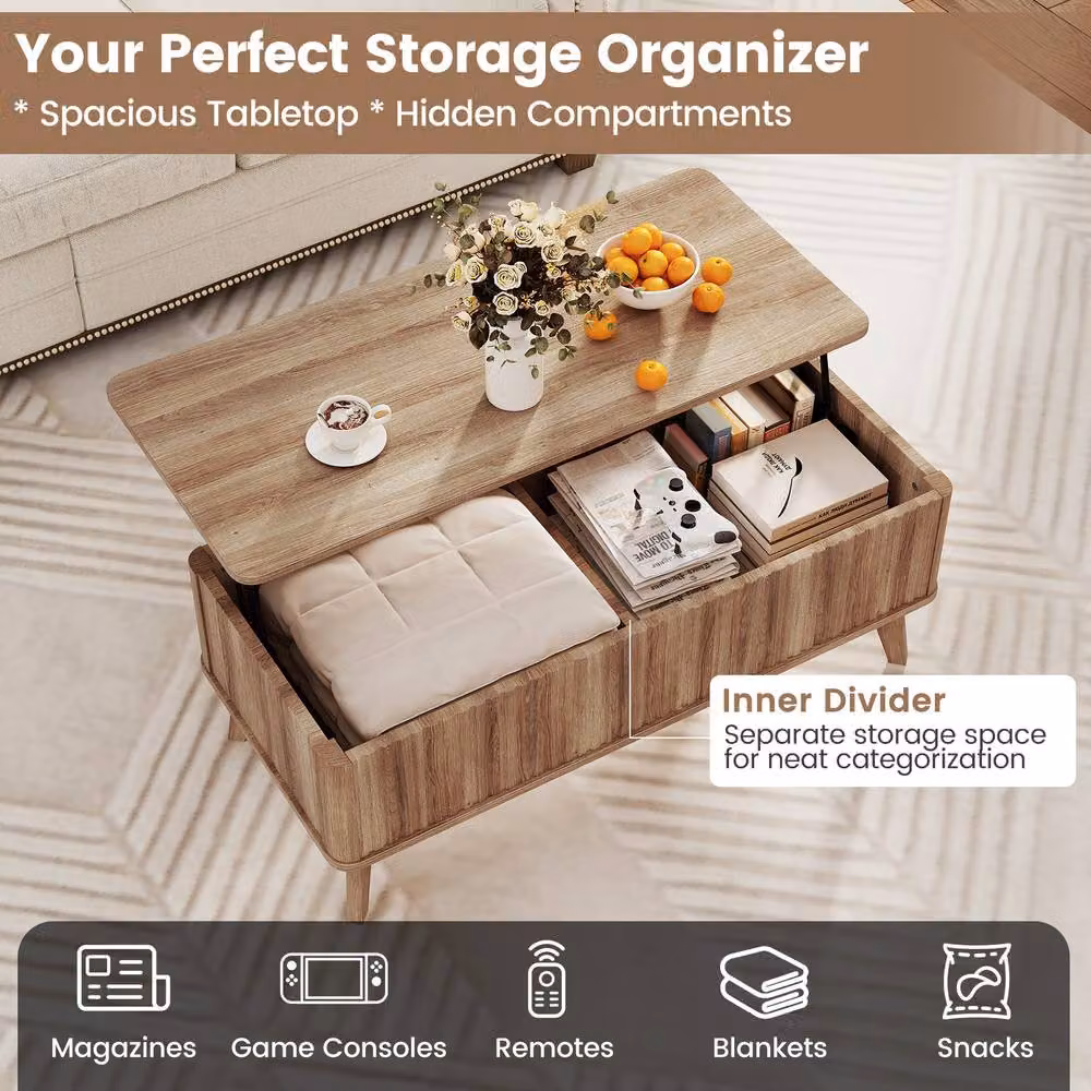 Costway Fluted Lift Top Coffee Table in Light Brown, Rectangular Rubberwood Center Table – 4