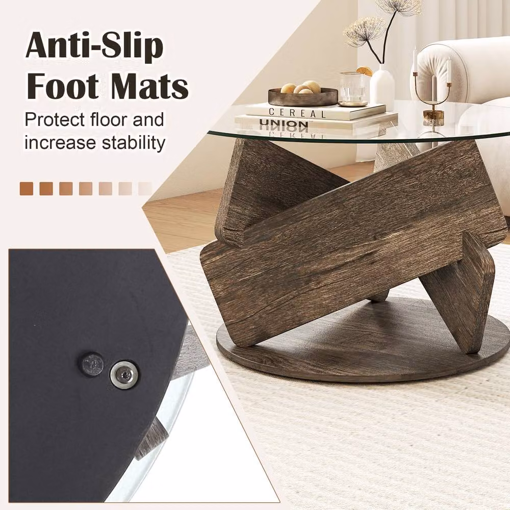 Gymax Round Rustic Glass and Rubberwood Coffee Table in Grey – 5