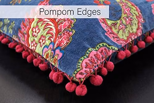 Riva Paoletti Malisa Square Paisley Indian Print Cushion in Smoke Blue with Pink Pompom Edges, W/D/H: 50 x 50 x 50 cm – 4
