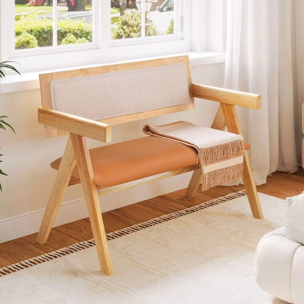 VOGREX Mid-Century Brown Rubberwood Dining Bench with Armrests and Synthetic Leather Upholstery – 2