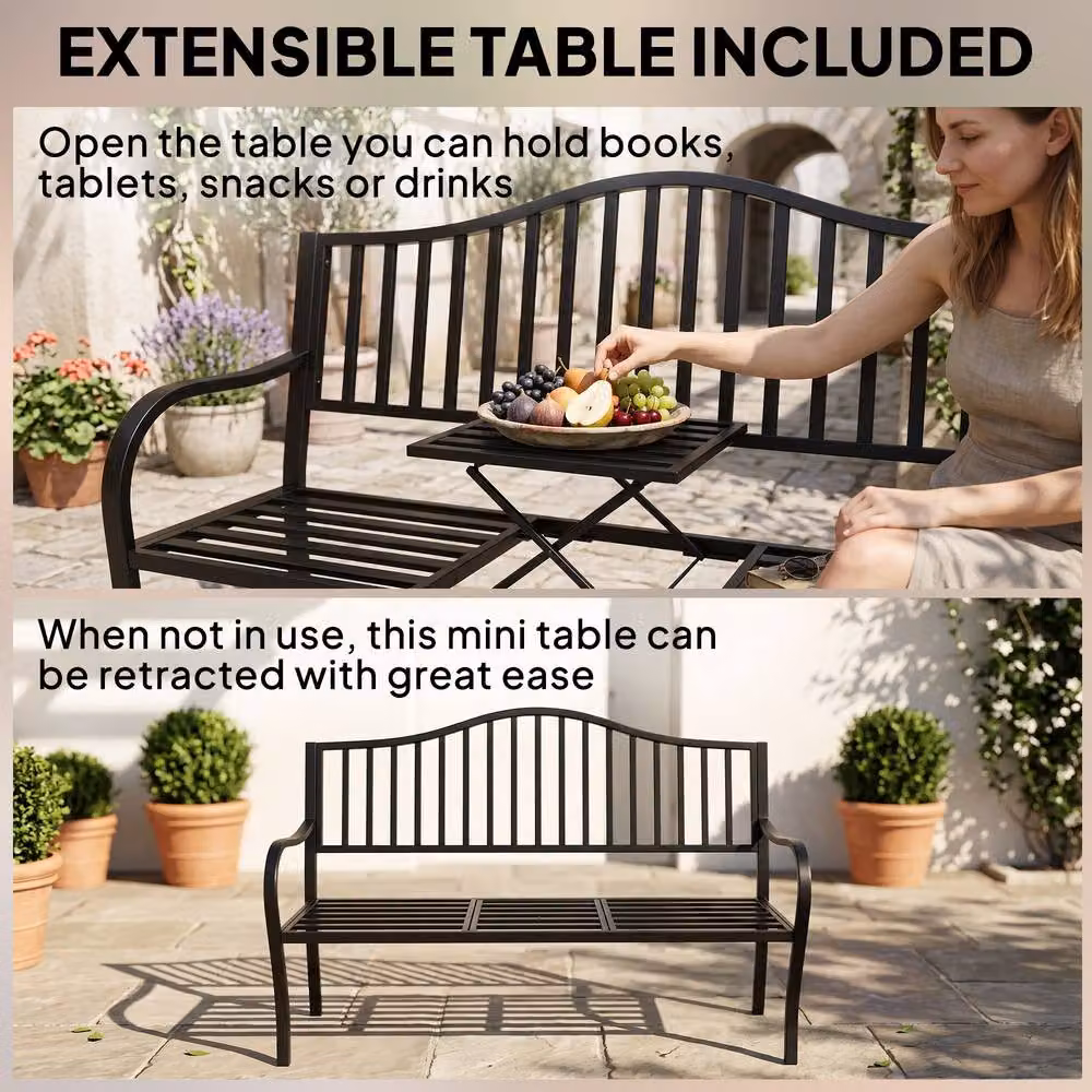 Outsunny 2 Seater Metal Garden Bench with Foldable Middle Table in Black – 9