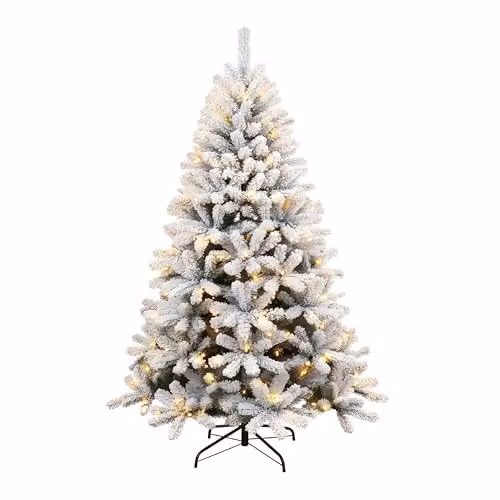 Shatchi 1.8m Pre-Lit Yukon Snow Pine Artificial Christmas Tree in Green and White with 260 Warm White LEDs and Metal Stand, H: 180 cm, W: 100 cm, D: 100 cm