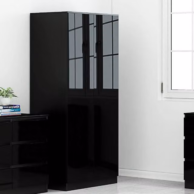 FWStyle Narvik 2 Door Black Gloss Modern Wardrobe with Soft Close and Push to Open Mechanism