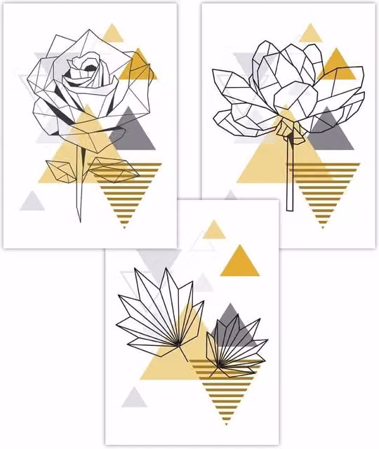 ARTZE Set of 3 Geometric Line Art Peony Rose Botanical Paper Posters in Yellow, Grey and Black, W: 30 cm, H: 42 cm