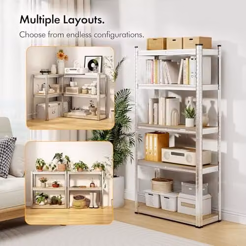 VonHaus Pack of 2 Heavy Duty 5-Tier Garage Shelving Units in Silver with Adjustable MDF Shelves and 175kg Capacity Per Shelf – 2