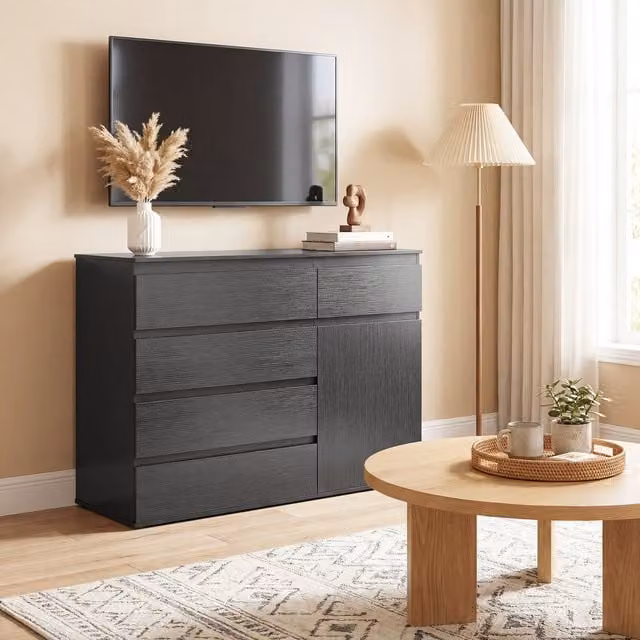 HOMCOM Modern Black Sideboard Storage Cabinet and Kitchen Cupboard with 5 Soft Close Drawers