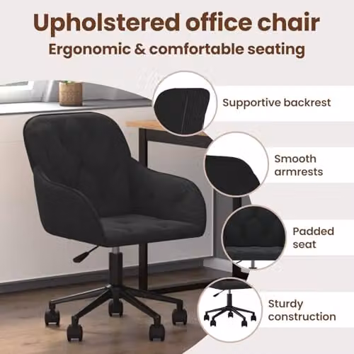 vidaXL Black Velvet Height Adjustable Swivel Task Chair for Home Office W/D/H: 56 x 61.5 x 72 cm – 4