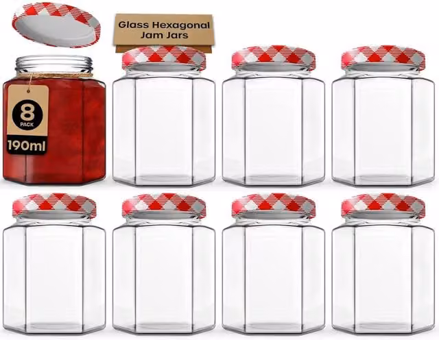 Volila 8 Pack Hexagonal Glass Jam Jars with Airtight Red Gingham Lids, 190ml, Clear – 1