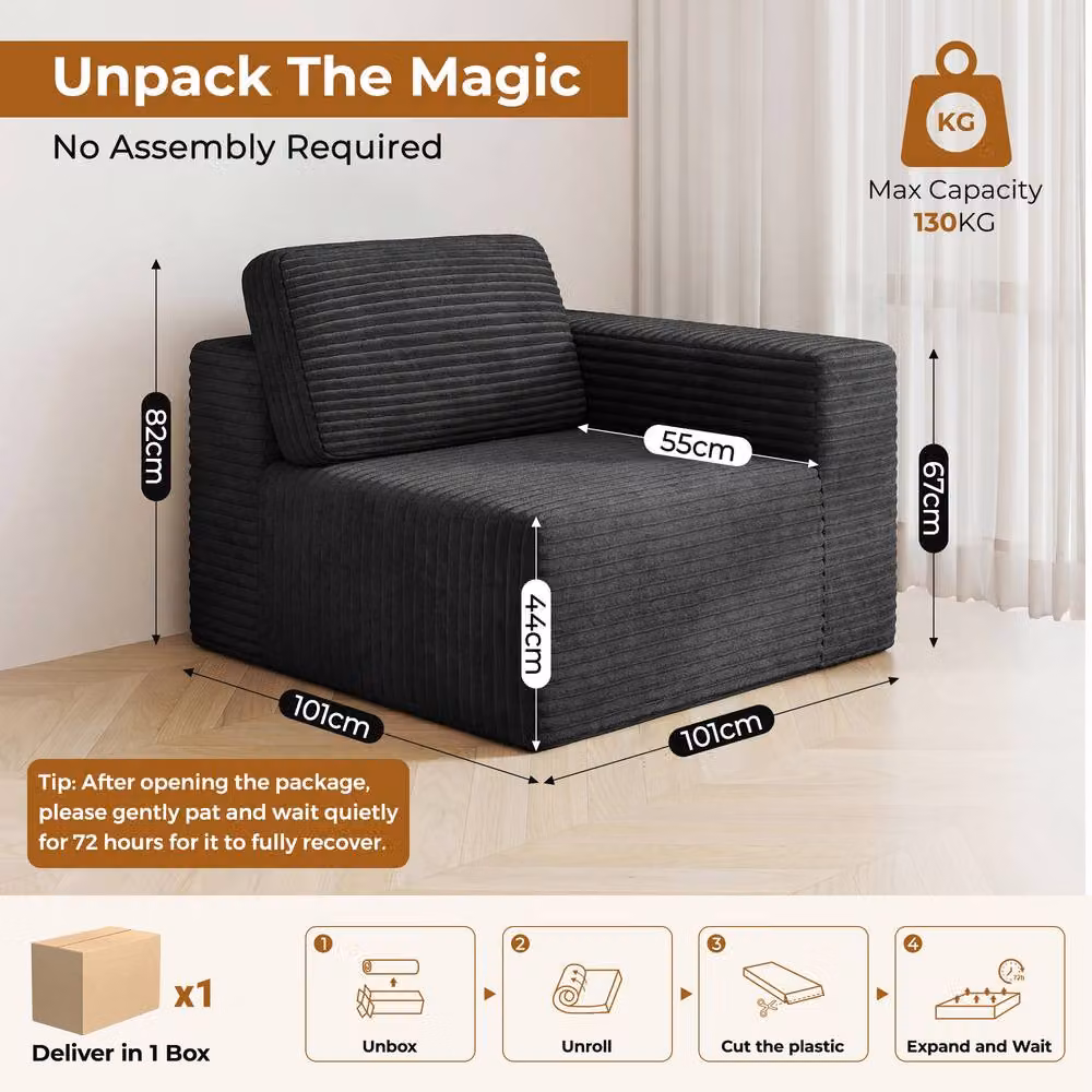 Dprodo Corduroy Modular Sofa Right Seat 25V9 in Black W/D/H: 101 x 101 x 82 cm – 2